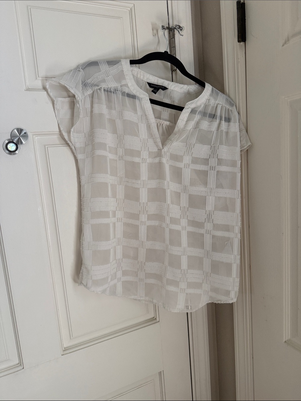 Banana Republic Factory White Checkered Sheer V-Neck Blouse